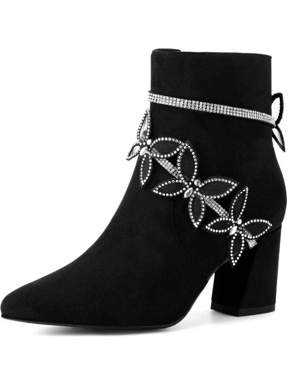Chunky Heels Ankle Boots with Butterfly Rhinestone Strap - Stylish Women's